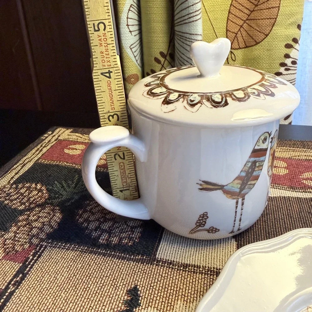 Lori Siebert Creative Co-Op Folk Art Bird Mug Covered Tea Cup Saucer Lid Heart